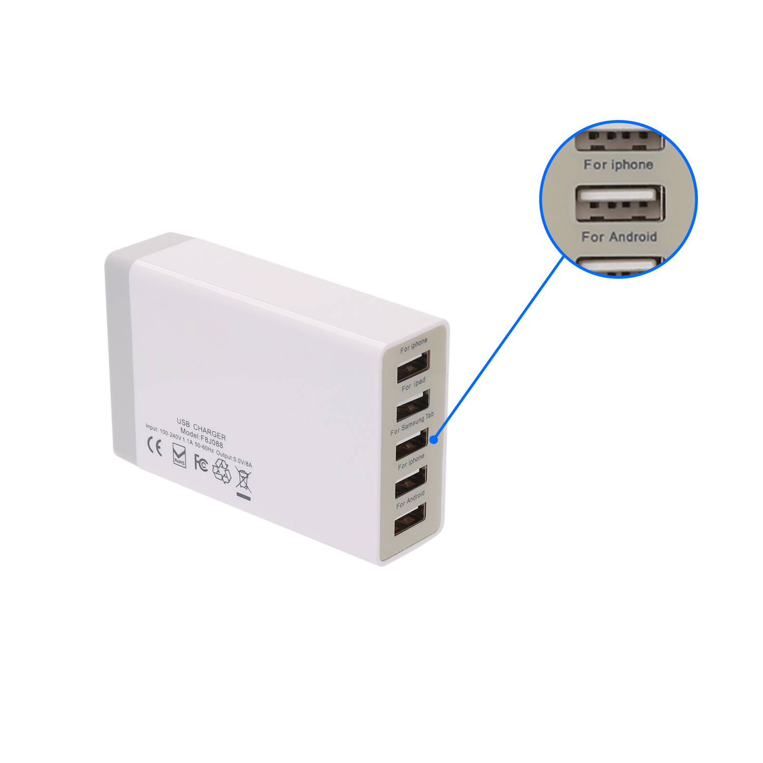 5 Ports USB Charger With Cable For 8Amp